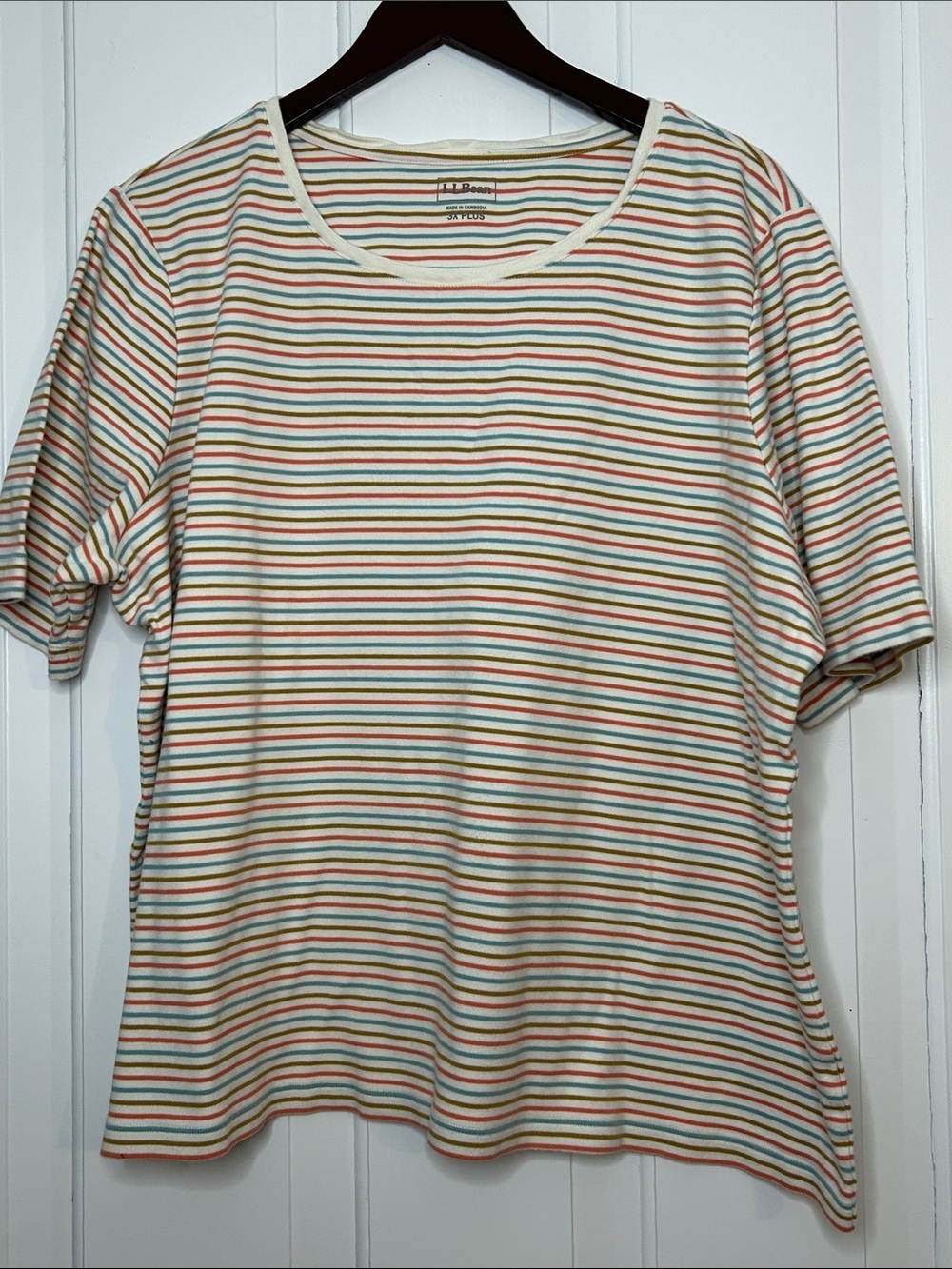 L.L. Bean vintage style Cream Short Sleeve Tee with Multi-Color Stripes